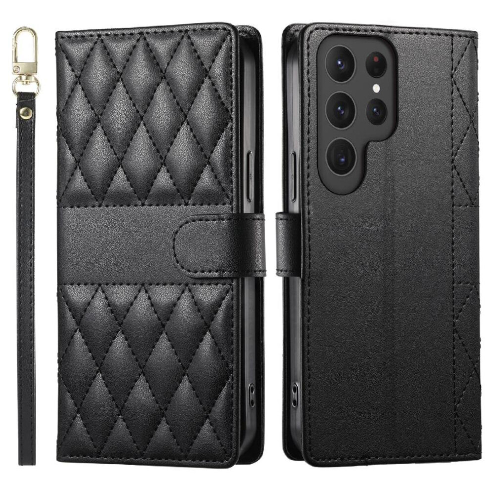 (Black) Flip Case For Samsung Galaxy S25 Ultra Leather Case Shockproof Elegant Dual Straps Wallet Black