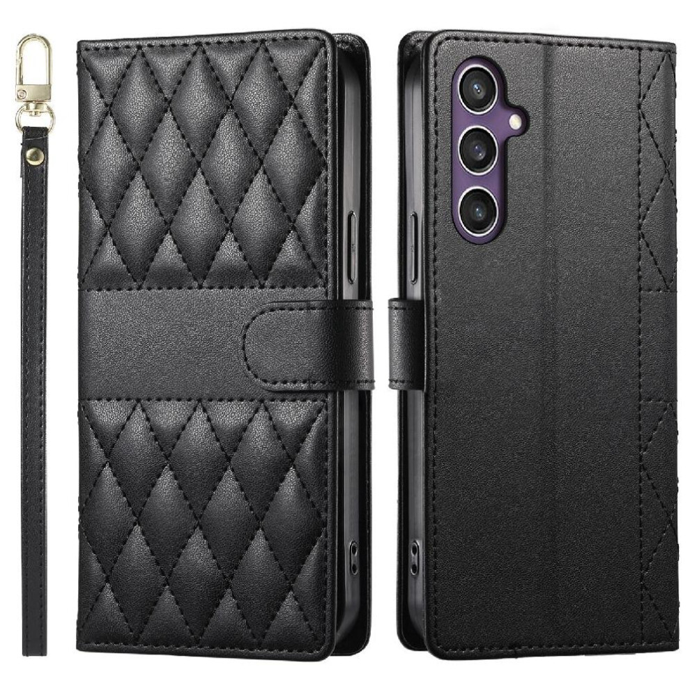 (Black) Flip Case For Samsung Galaxy S25 Leather Case Shockproof Wallet Dual Straps Elegant Black 764549547159
