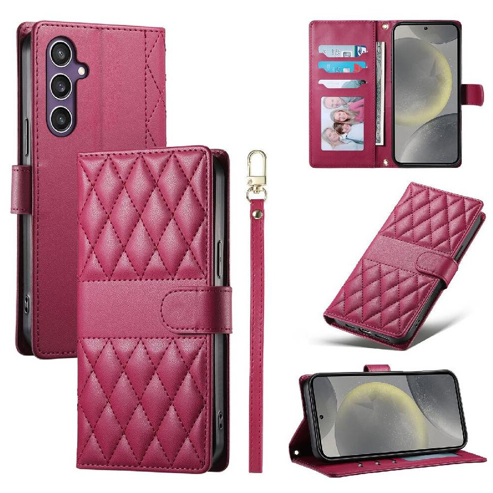 (Red) Flip Case For Samsung Galaxy S25 Leather Case Shockproof Wallet Dual Straps Elegant Red 764549547166