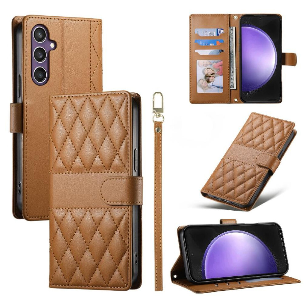 (Brown) Flip Case For Samsung Galaxy S23 Fe Dual Straps Shockproof Wallet Leather Case Elegant Brown 764549547357