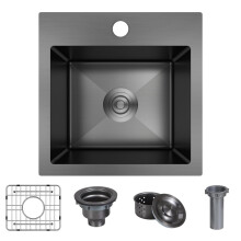 15 x 15 Inch Black Drop In Kitchen Bar Sink  Small Kitchen Sink Single Bowl Topmount Bar Prep Sink 18 Gauge Stainless Steel Bar