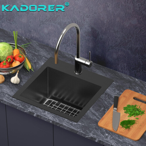 15 x 15 Inch Μαύρος Νιπτήρας Κουζίνας, Μικρός Νιπτήρας Μίας Λεκάνης Topmount 18 Gauge 1
