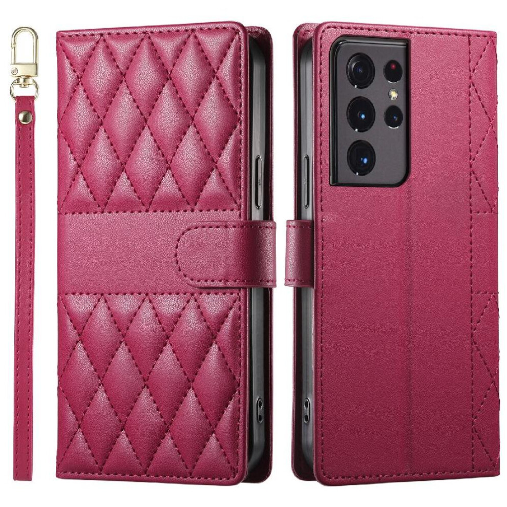 (Red) Flip Case For Samsung Galaxy S21 Ultra Dual Straps Shockproof Wallet Leather Case Elegant Red 764549547784