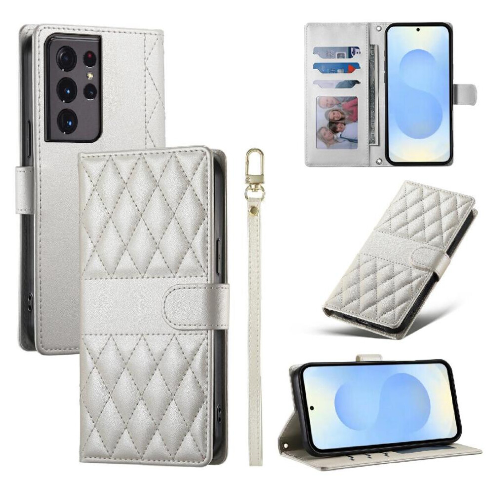 (White) Flip Case For Samsung Galaxy S21 Ultra Dual Straps Shockproof Wallet Leather Case Elegant White 764549547760