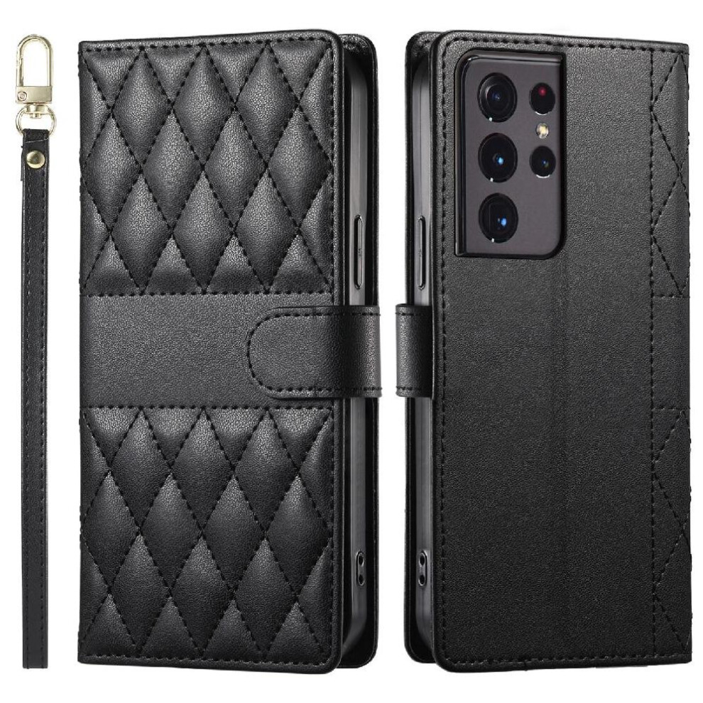 (Black) Flip Case For Samsung Galaxy S21 Ultra Dual Straps Shockproof Wallet Leather Case Elegant Black 764549547777
