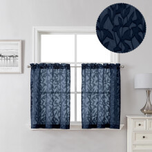 Lecloud Leia Navy Blue Sheer Cafe Rideaux 24 pouces longueur 2 pieces Jacquard Clip Texture a feuilles de feuille de feuille de voile Coutranatio