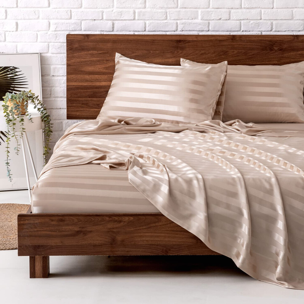 Parure de lit en satin MR&HM King Size 4 pi   ces Parure de lit soyeuse avec poche profonde de 15 pouces pour matelas (King Champagne ray   )