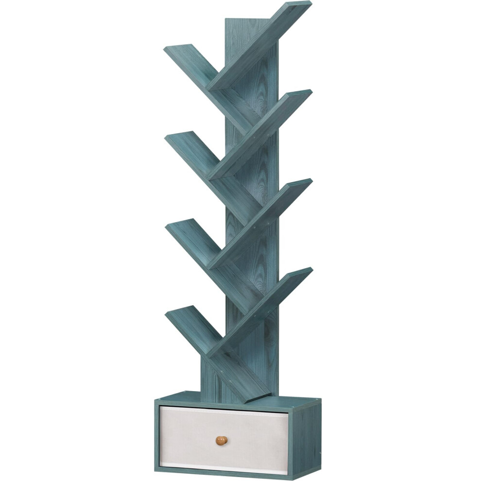 SHEEPAM 8 Tier Tree Bookshelf with Drawer Free Standing Wood Bookcase for Narrow Space Storage Organizer Bookshelves for Books