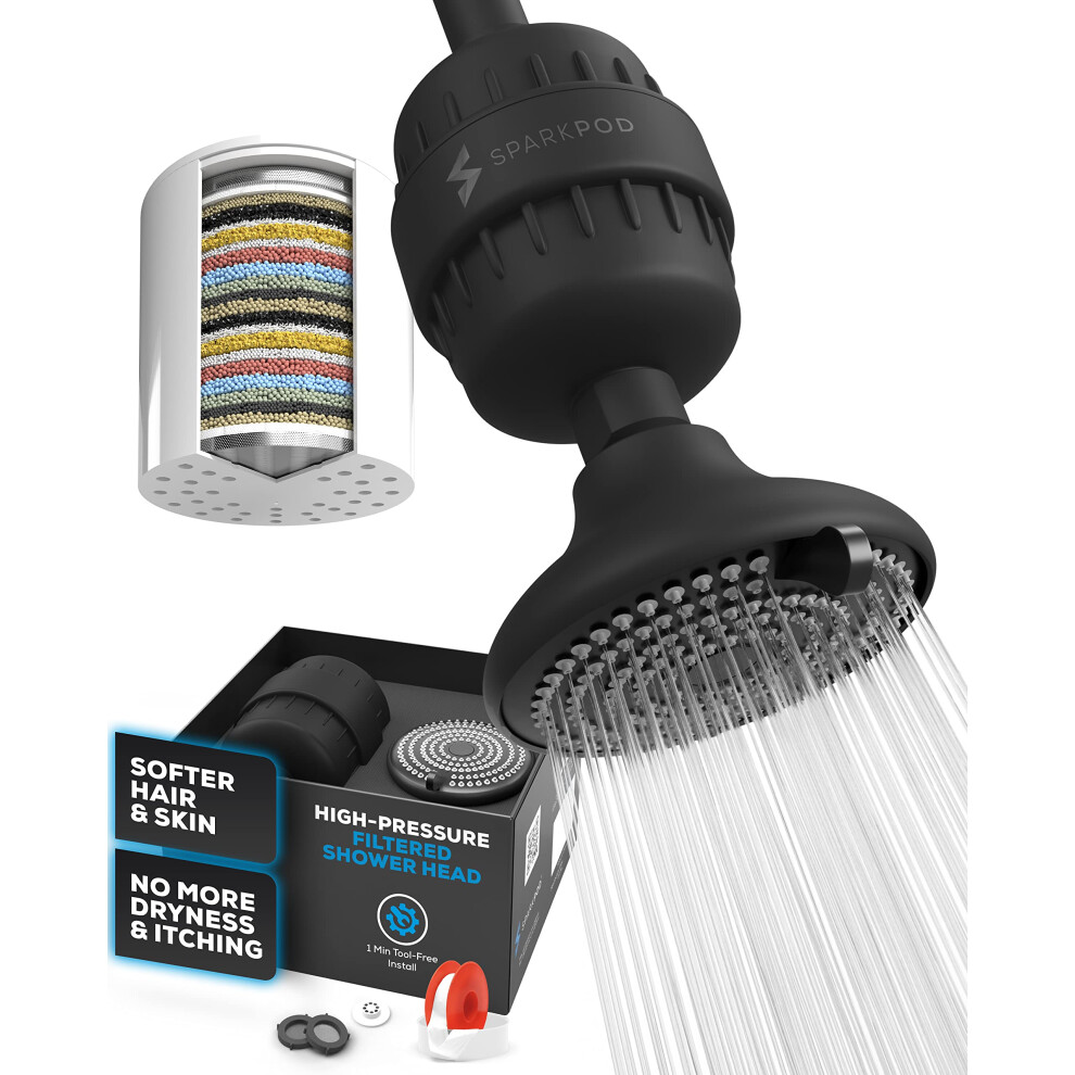 Sparkpod Luxury Filtered Shower Head Set 23 Stage Shower Filter - Removes Chlorine And Heavy Metals - Multi-Spray Settings Showerhead Filter (Midnigh