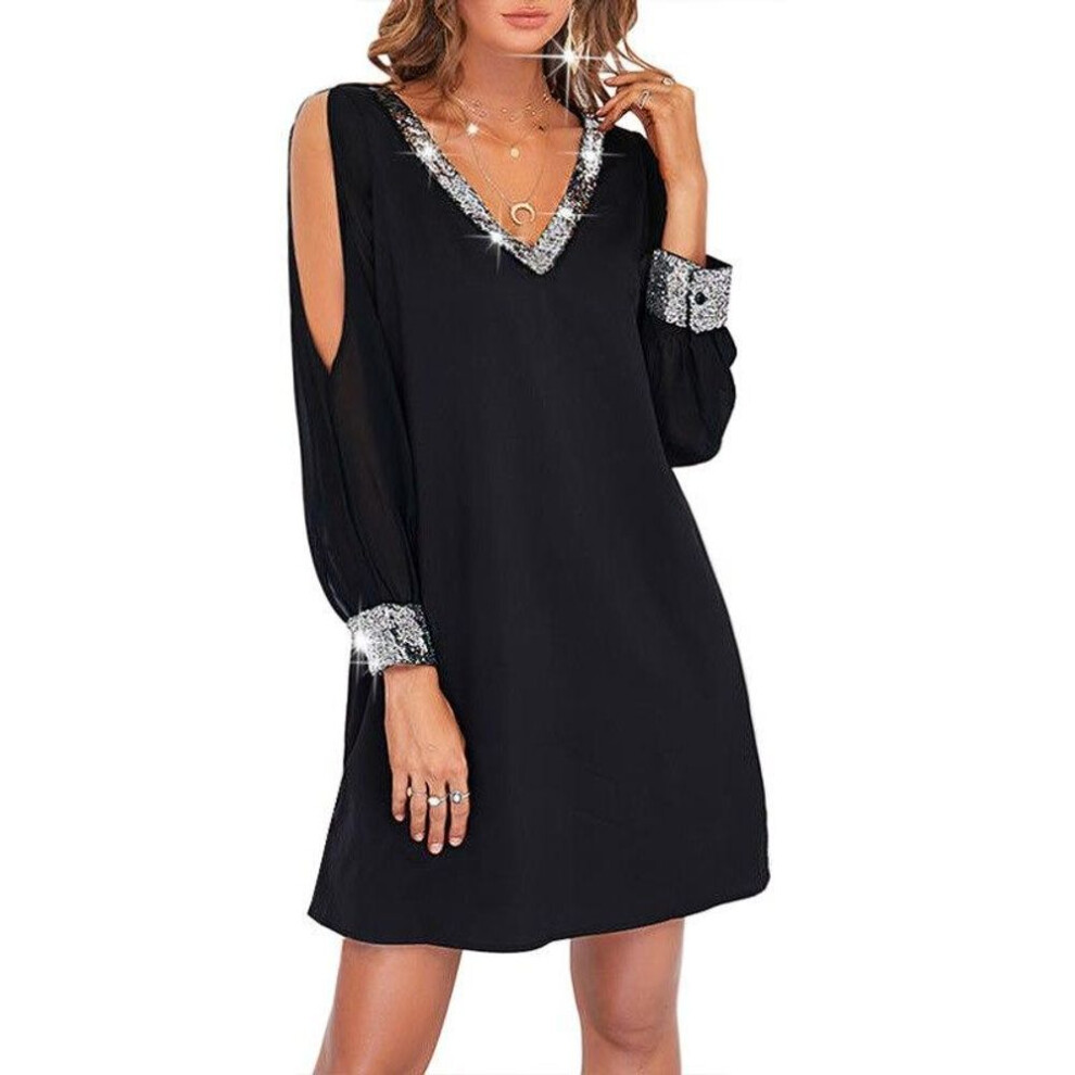 (black, XXXL) Women V-neck Long Sleeve Dresses Fashion Casual Off The Shoulder Dresses Elegant Evening Wedding Sequins Dress Sexy Lace Dress