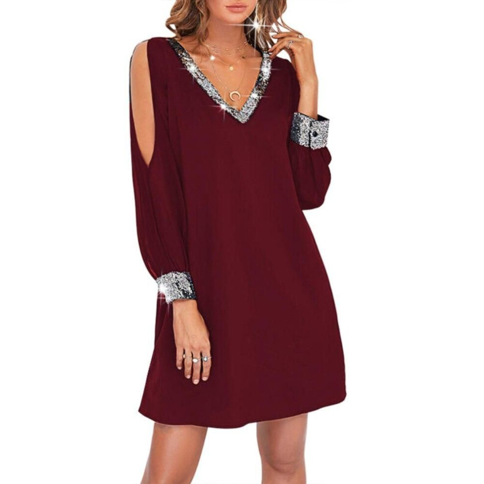 (red, XL) Women V-neck Long Sleeve Dresses Fashion Casual Off The Shoulder Dresses Elegant Evening Wedding Sequins Dress Sexy Lace Dress