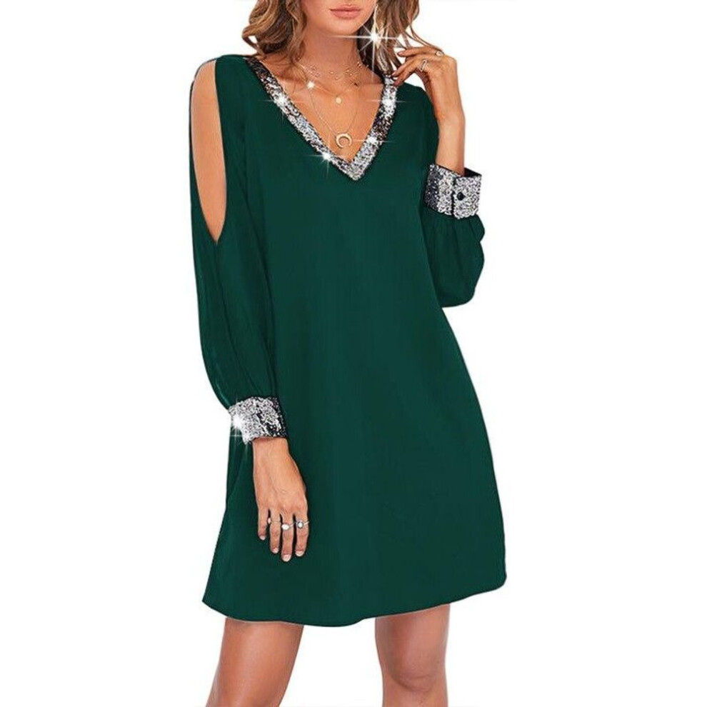 (green, XL) Women V-neck Long Sleeve Dresses Fashion Casual Off The Shoulder Dresses Elegant Evening Wedding Sequins Dress Sexy Lace Dress