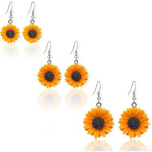 (As show, One size) 3 pairs Boho daisy earrings studs Sunflower Resin Studs Earrings Fashion Handmade Yellow Sunflower Dangle Earrings Jewelry Gift for Women Girls