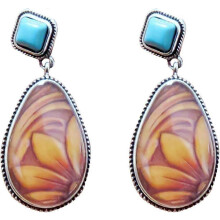 (As show, One size) Bohemia Vintage Lady Water Drop Sunflower Earrings Faux Turquoise Inlaid Jewelry Drop Earrings for women and girls - Brown