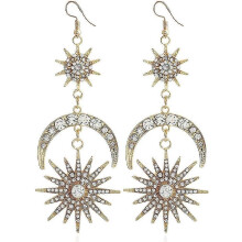 (As show, One size) Exaggerated Luxury Sun Moon Stars Drop Earrings Rhinestone Punk Earrings for Women Jewelry Golden Boho Vintage Statement Earrings