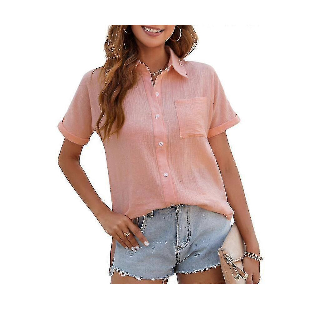 (S, White) Women Short Sleeve Button Down Shirts Linen Casual Collar Blouses-image-OPC-PG9BQRR-NEW