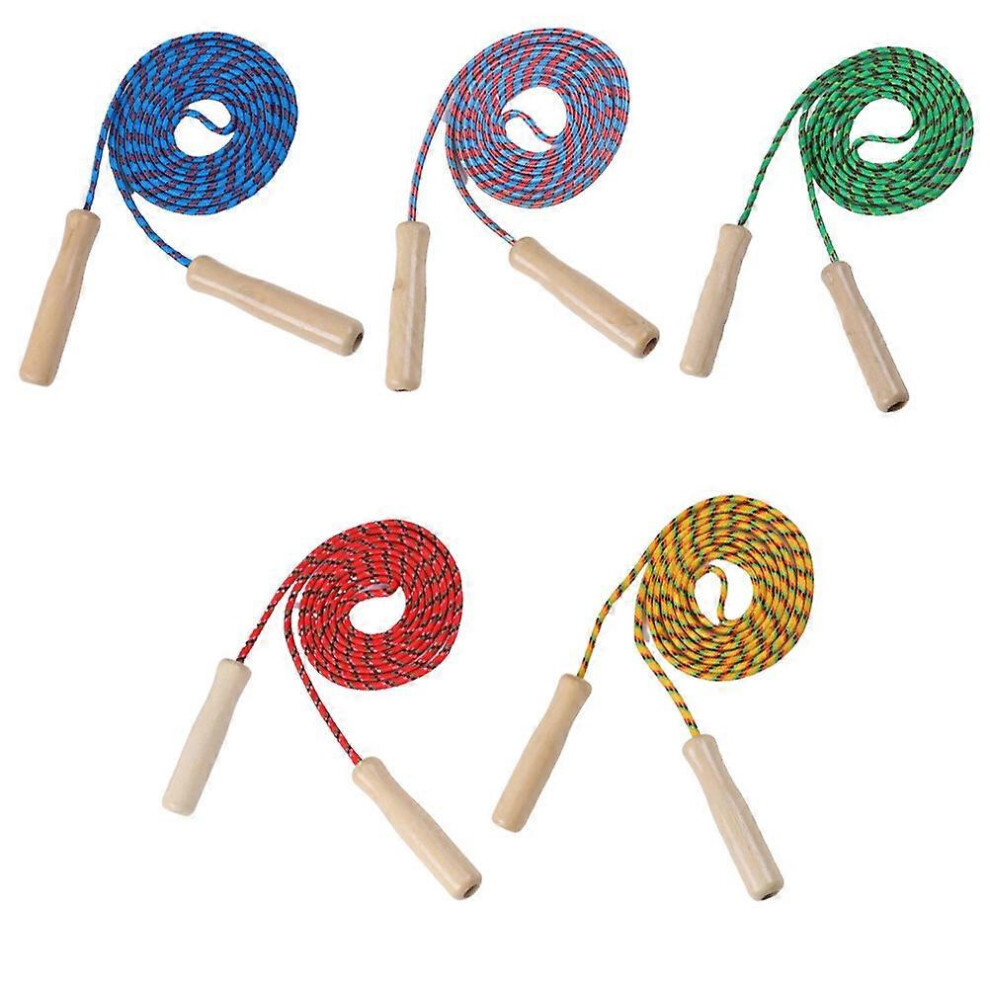 Kricely (As Show, One Size) 5Pcs Wooden Handle Jump Rope Jumping Exercise Equipment Jump Skip Rope For School Home Students Kid (Random Color)