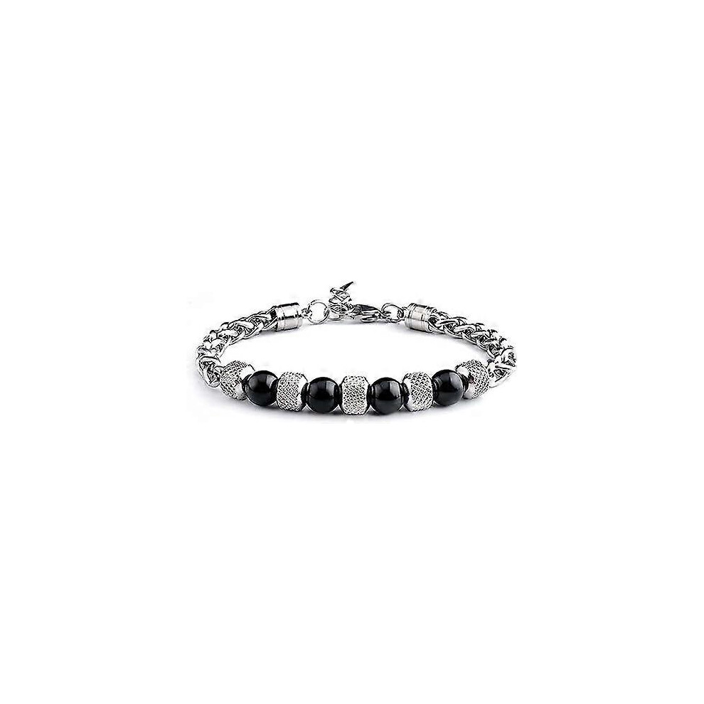 Konhill (As Show, One Size) Women Men Charm 8Mm Natural Stone Strand Bracelets Stainless Steel Link Chain Bangles Tiger Eye Beaded Yoga Bracelet Male Jewelry