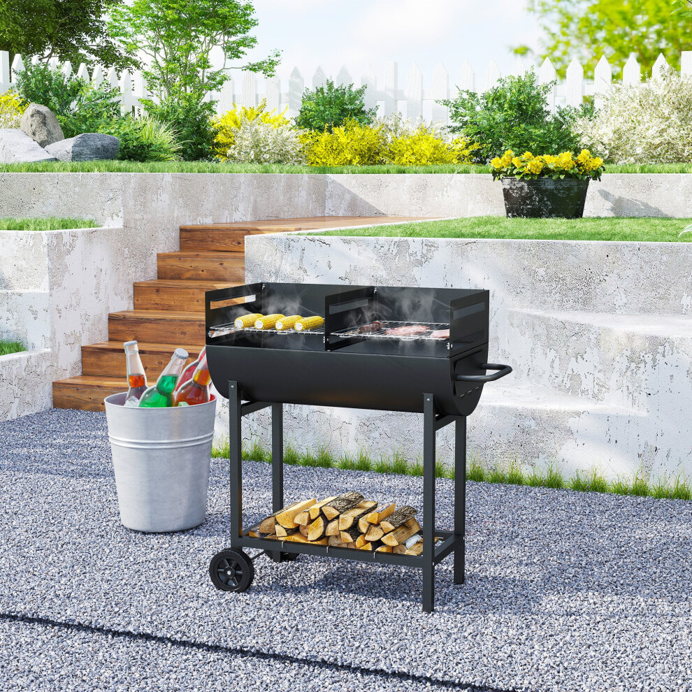 Outsunny Trolley Portable Outdoor Charcoal BBQ Grill Cart 2 Rolling Wheels Black