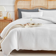 WARMDERN Waffle Weave Duvet Cover Queen Size White Textured Duvet Cover Set Soft and Breathable Comforter Cover 3 Pieces Microfiber Beddi