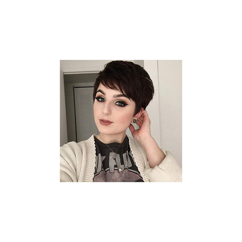 Baruisi Unisex Brown Short Wigs For Women Pixie Cut Layered Wig With Bangs Synthetic Heat Resistant Halloween Cosplay Hair Wig