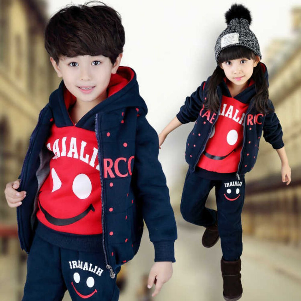 (red, 130) Boys 3pcs/set Children&apos;s Suit Hooded Vest + T-shirts + Pants Boys Kids Sportswear Tracksuit Clothing Double-faced Fleece Suit Plus Three-piece Su