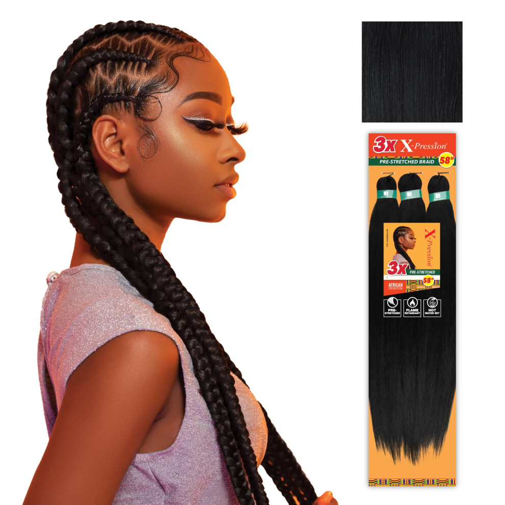 Sensationnel Unisex Black Xpression Prestretched Braiding Hair - 3X Xpression 58-Inch Flame Retardant Smooth Yaki Braid - 3X X-Pression 58 Inch 5 Pack 1 Jet