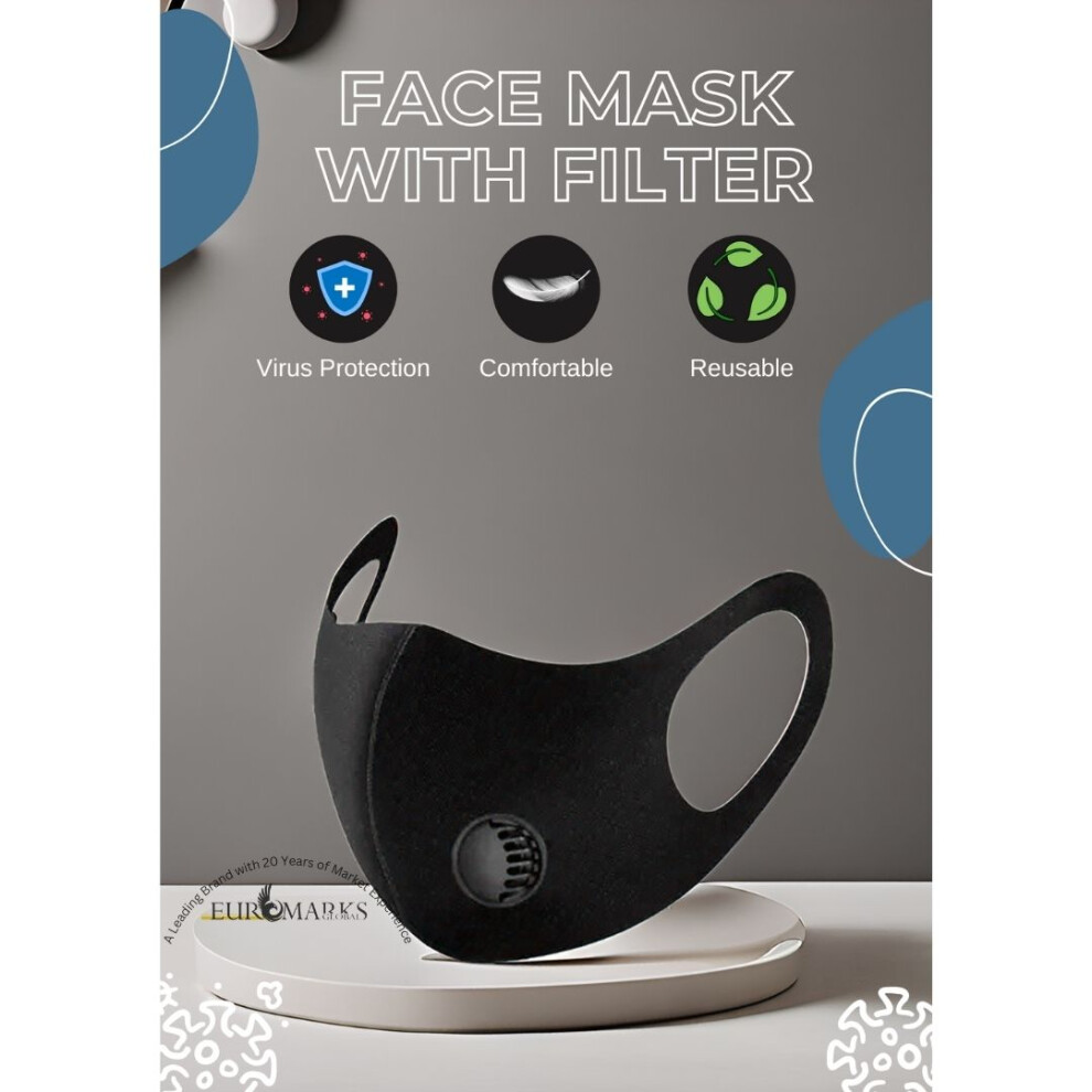 2 x Black Face Masks with Air Valve Washable Reusable Filtered