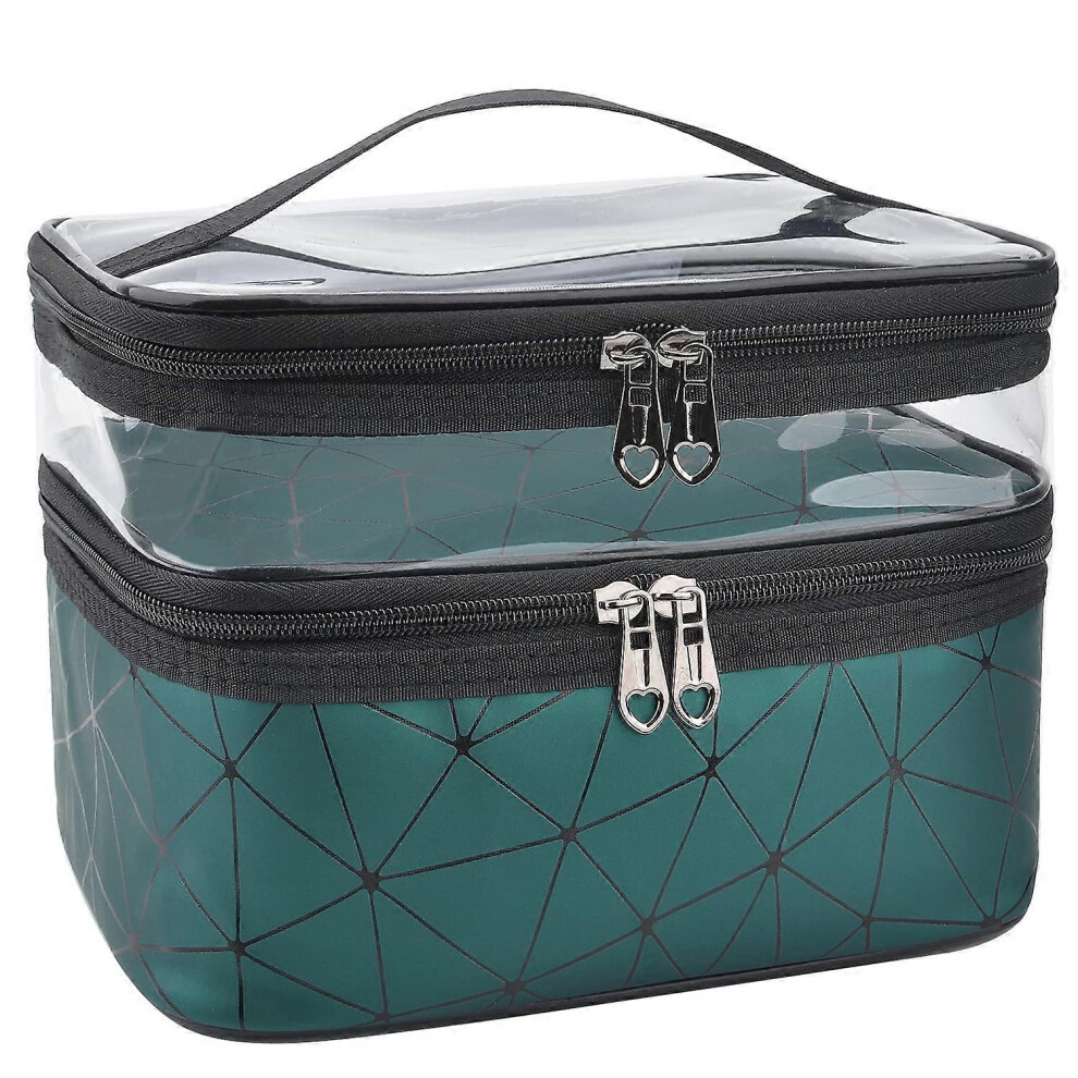 Dark/Green (As Show, One Size) Linjou Makeup Bags Double Layer Travel Cosmetic Cases Makeup Organizer Toiletry Bags ( Green)