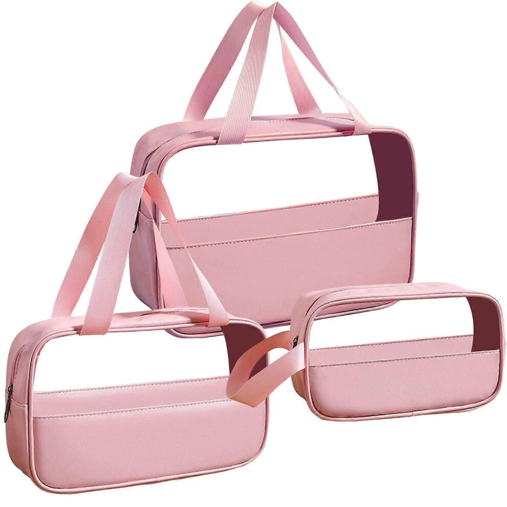 Pink (As Show, One Size) Linjou 3Pcs Toiletry Bag For Women Transparent Travel Makeup Toiletry Bag (Pink)