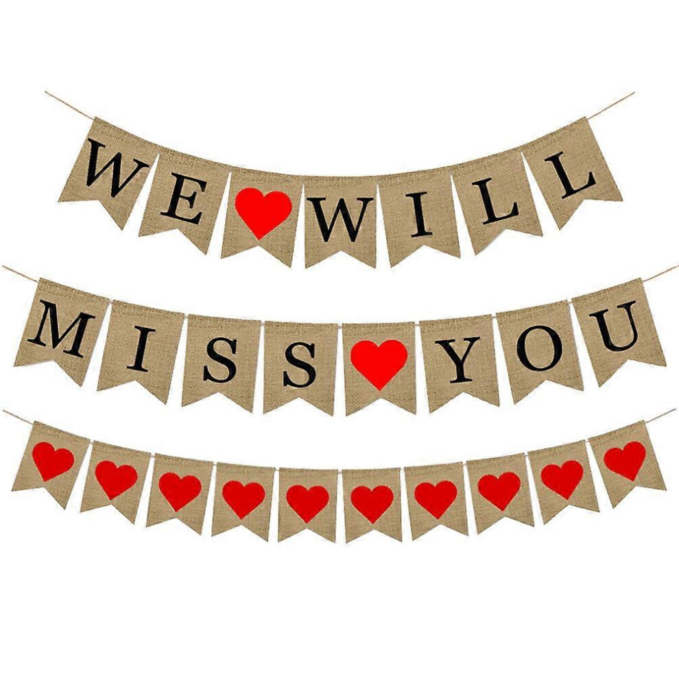 Kricely (As Show, One Size) 2 Pcs Burlap Heart Banner We Will Miss You Garland Love Heart Hanging Bunting Swallowtail Shaped Pull Flag Party Photo Prop Si Red