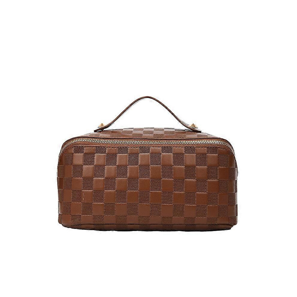 Brown (As Show, One Size) Linjou Large Capacity Travel Cosmetic Bag Plaid Cosmetic Bag Tote Storage Bag (Brown)