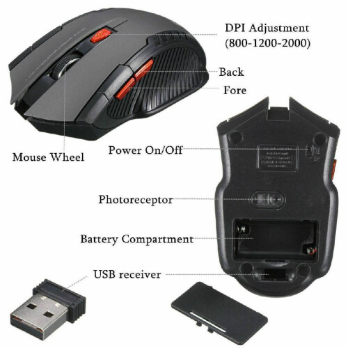 (Red) 2.4G Wireless Mouse 1600DPI Optical Mouse Gaming Mouse for Computer 6 Button Wireless Mouse with USB Receiver for PC Laptop Accessories 2