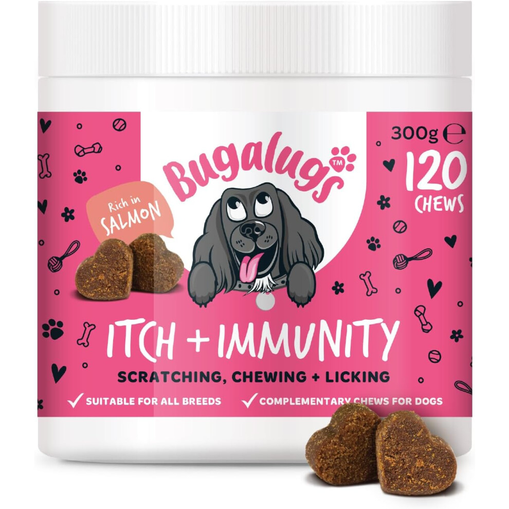 BUGALUGS Itch & Immunity Dog Treats for itchy dog skin, anti itch for dogs may help itchy paws, ears, eyes, stop scratching & licking