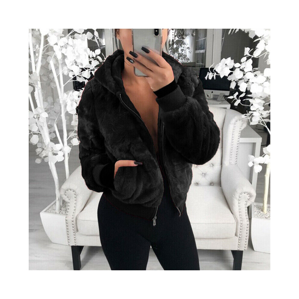 (Black, L) Bear Womens Teddy Coat Jacket Winter Warm Hooded Fur Fluffy Outwear Overcoat