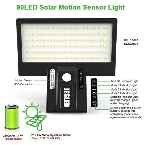 90 LED Solar Motion Sensor Security Light 2600mAh, USB Charging Outdoor Solar Light 2