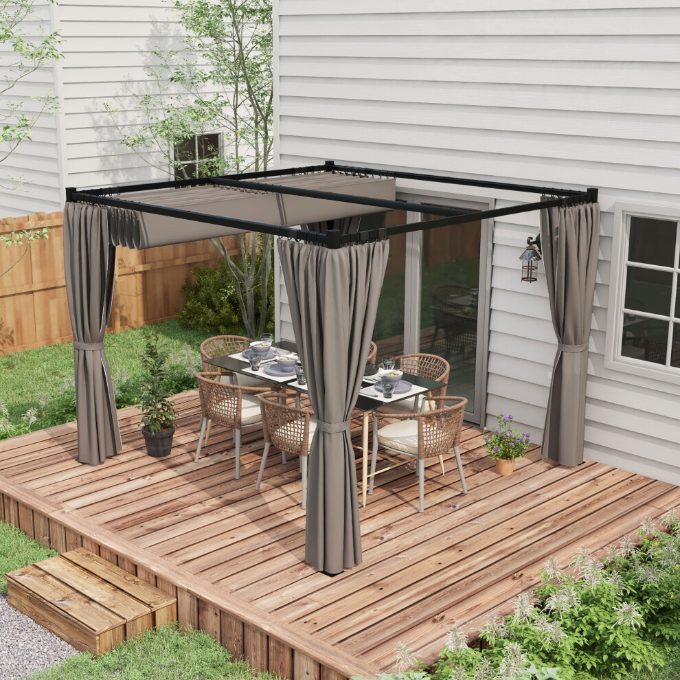 Outsunny 3 x 3(m) Pergola with Retractable Roof and Curtains, Light Grey