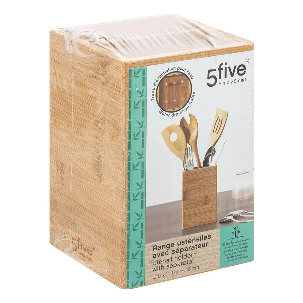 5Five Bamboo Utensil Holder - 10 x 10 x 15 cm Stylish Kitchen Organizer for Cutlery, Tools, and Cooking Utensils