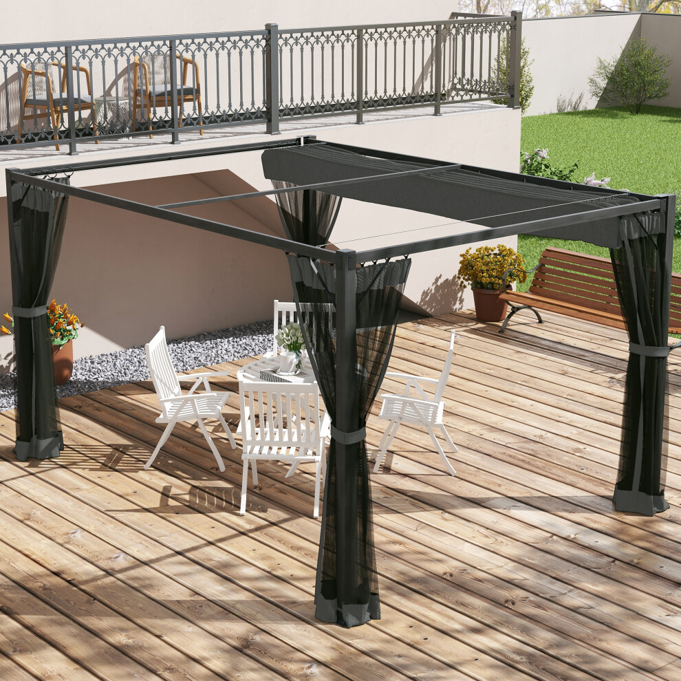 Outsunny 3 x 4m Pergola with Retractable Roof and Netting, Dark Grey