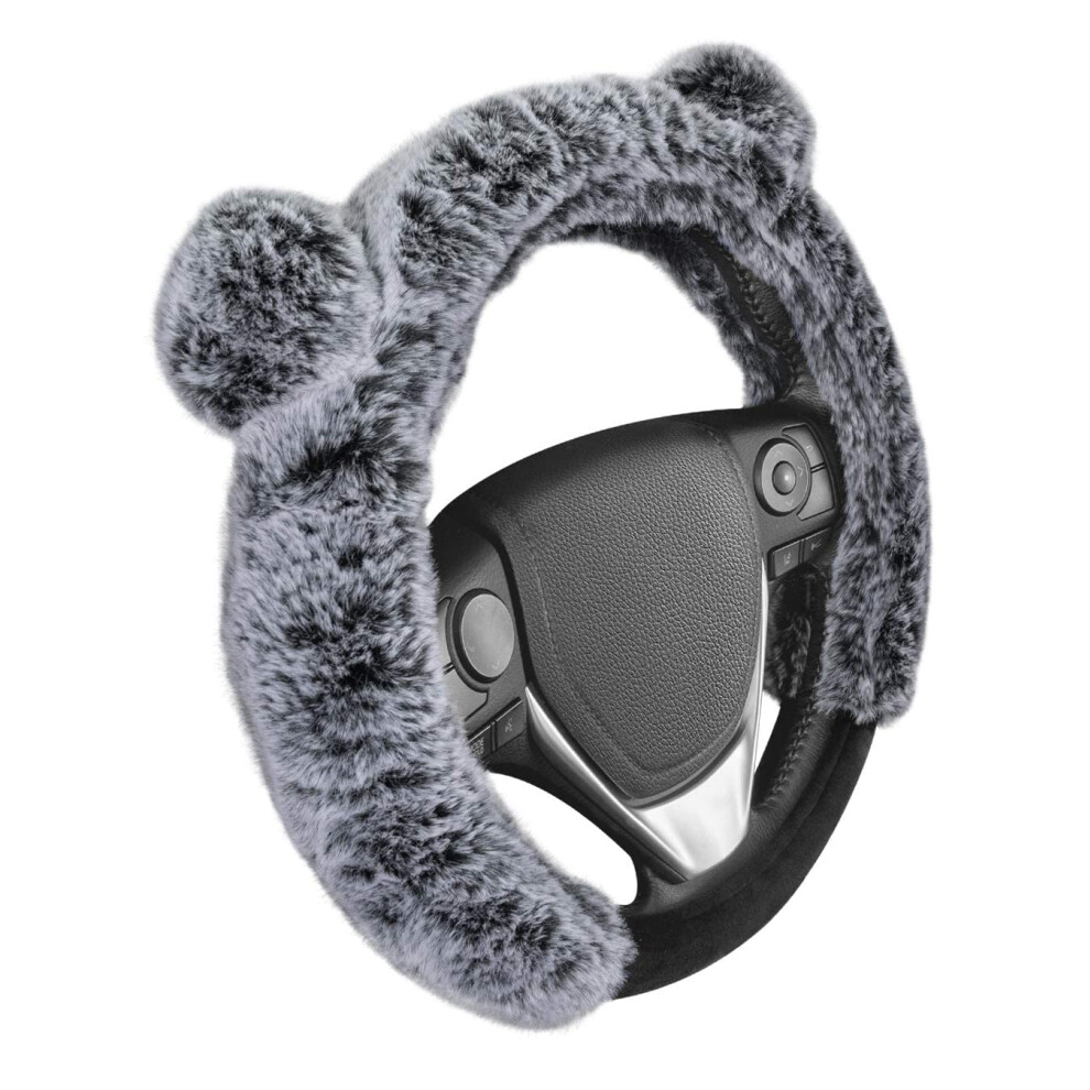 Bdk Bear Fur Plush Steering Wheel Cover - Cute Faux Wool Protector For Women Girls Fits Wheels 14.5 - 15 Inch - With Ears Gray 826942142208