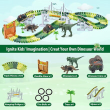 (156PCS) 156pcs Dinosaur Railway Car Track Toy Set DIY Assemble Road Race Set with Flexible Track Dinosaur Toys