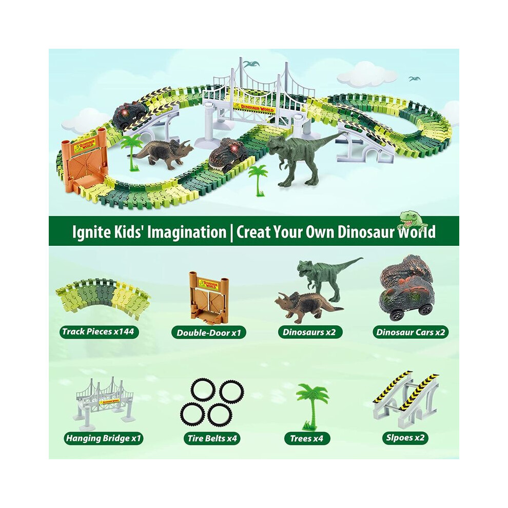 Maxpower (156Pcs) 156Pcs Dinosaur Railway Car Track Toy Set Diy Assemble Road Race Set With Flexible Track Dinosaur Toys