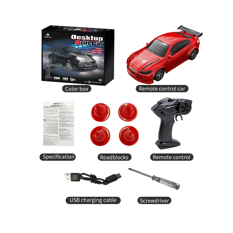 Maxpower (Red Drift Car) New 4Wd 2.4Ghz Rc Simulation Mini Drift Car Palm Racing Model Desktop Toys 1/64 Scale Remote Control