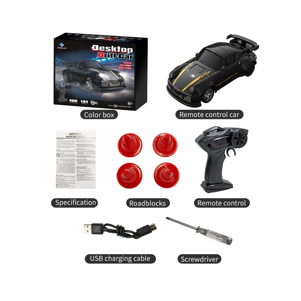 Maxpower (Black Drift Car) New 4Wd 2.4Ghz Rc Simulation Mini Drift Car Palm Racing Model Desktop Toys 1/64 Scale Remote Control