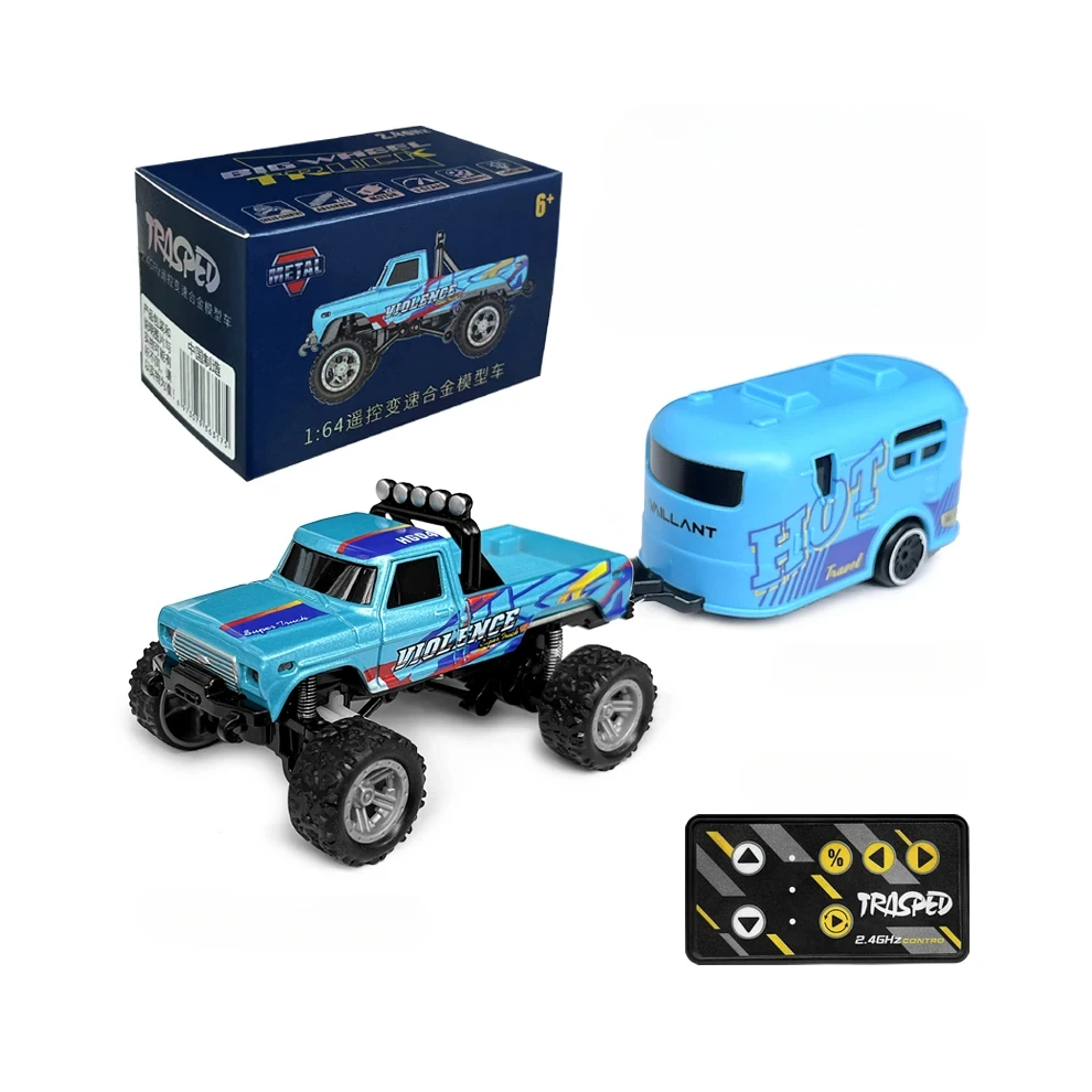 Maxpower (Blue Trailer) Rc Off-Road Monster Truck 1/64 Remote Control Mini Climbing Car, Alloy Material, 2.4G Remote Control