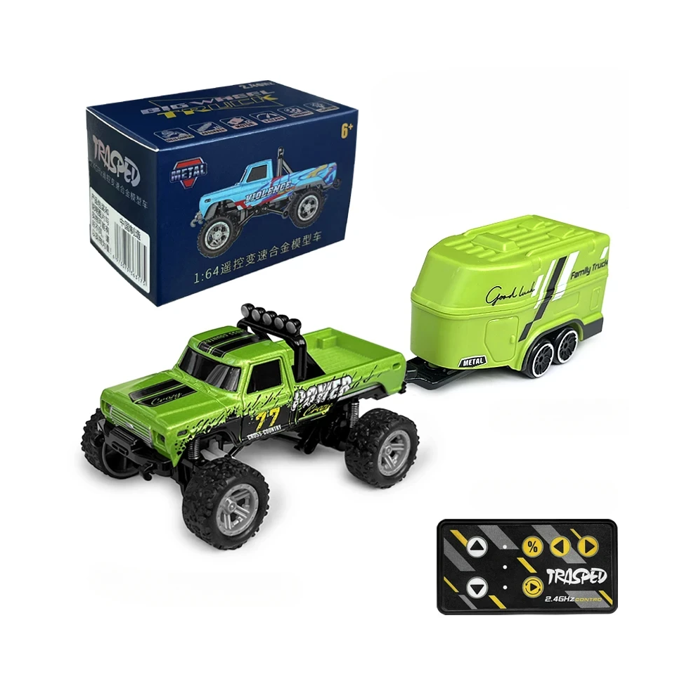 Maxpower (Green Trailer) Rc Off-Road Monster Truck 1/64 Remote Control Mini Climbing Car, Alloy Material, 2.4G Remote Control