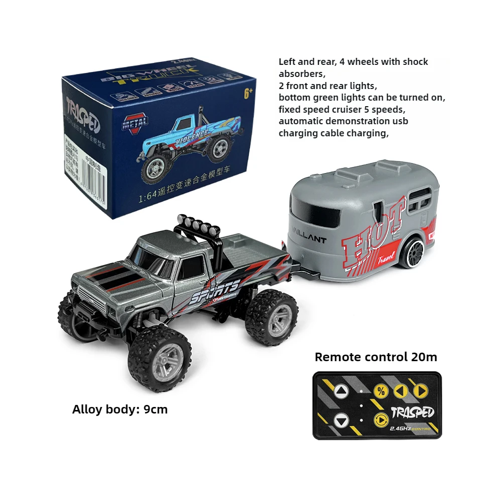 Maxpower (Grey Trailer) Rc Off-Road Monster Truck 1/64 Remote Control Mini Climbing Car, Alloy Material, 2.4G Remote Control