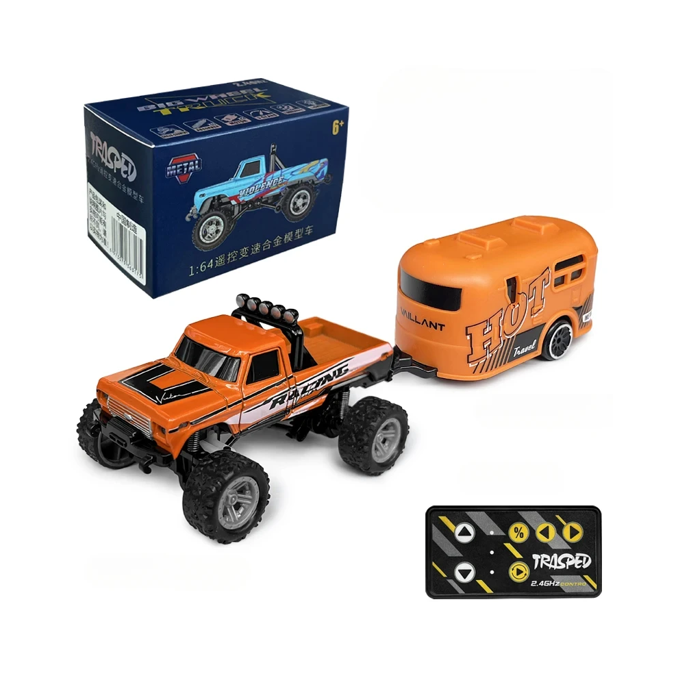 Maxpower (Orange Trailer) Rc Off-Road Monster Truck 1/64 Remote Control Mini Climbing Car, Alloy Material, 2.4G Remote Control