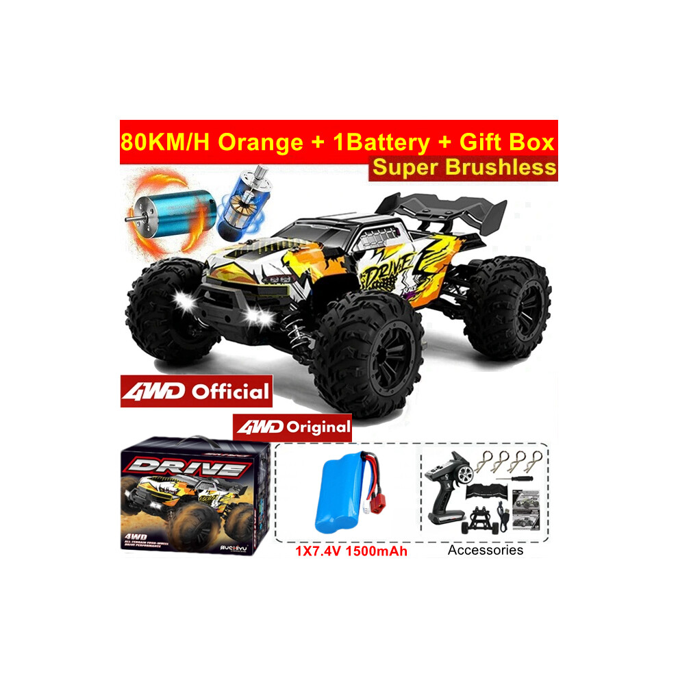 Maxpower (4Wd 80Km Orange 1B) 1:16 80Km/H Brushless Rc Drift Car With Led Lights 4Wd Electric High Speed Racing Remote Control Monster