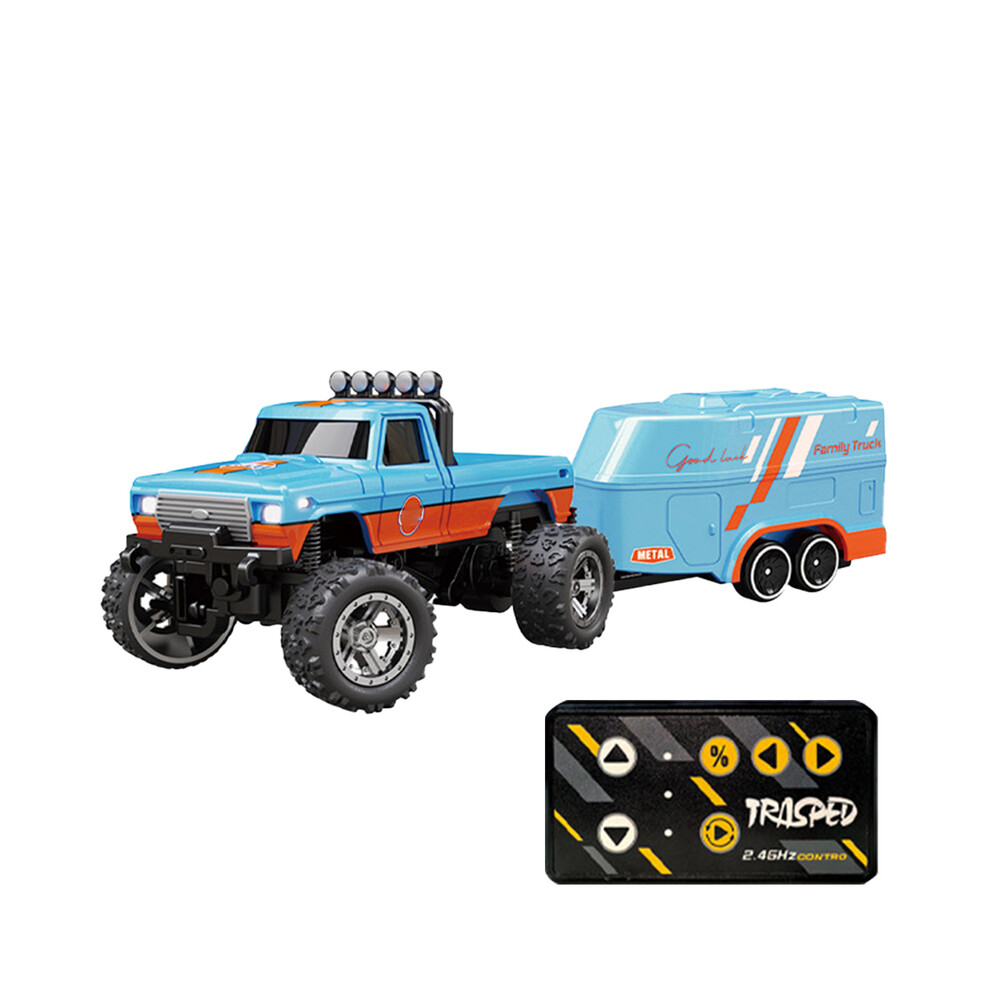 Maxpower (Orange Blue) Mini Rc Monster Truck With Lights & Trailer All Terrain Off-Road Truck Toy 1:64 Scale Adjustable Speed/Steering